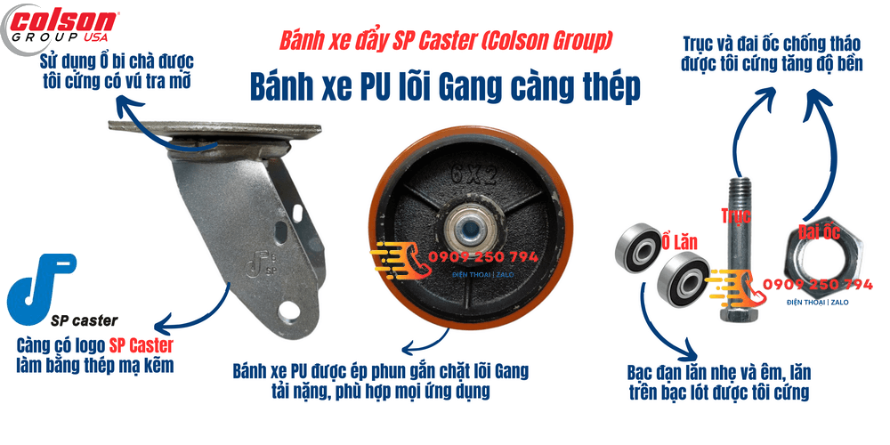 Mô tả chi tiết Bánh Xe PU Lõi Gang SP Caster càng xoay