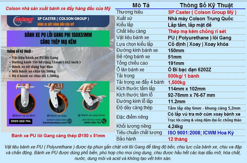 Bộ Bánh Xe PU Lõi Gang 150x51mm SP Caster Tải Nặng 1500kg